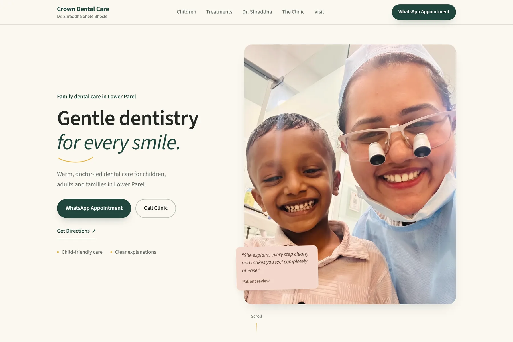 Crown Dental Care homepage with the headline Gentle dentistry for every smile