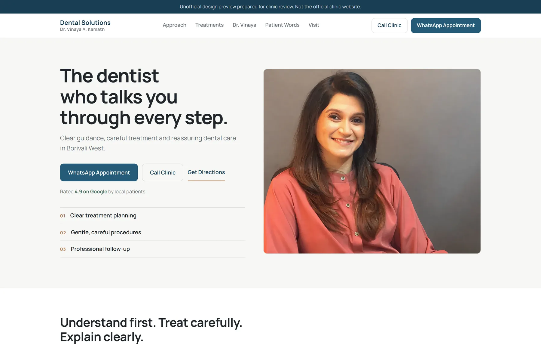 Dental Solutions homepage with the headline The dentist who talks you through every step