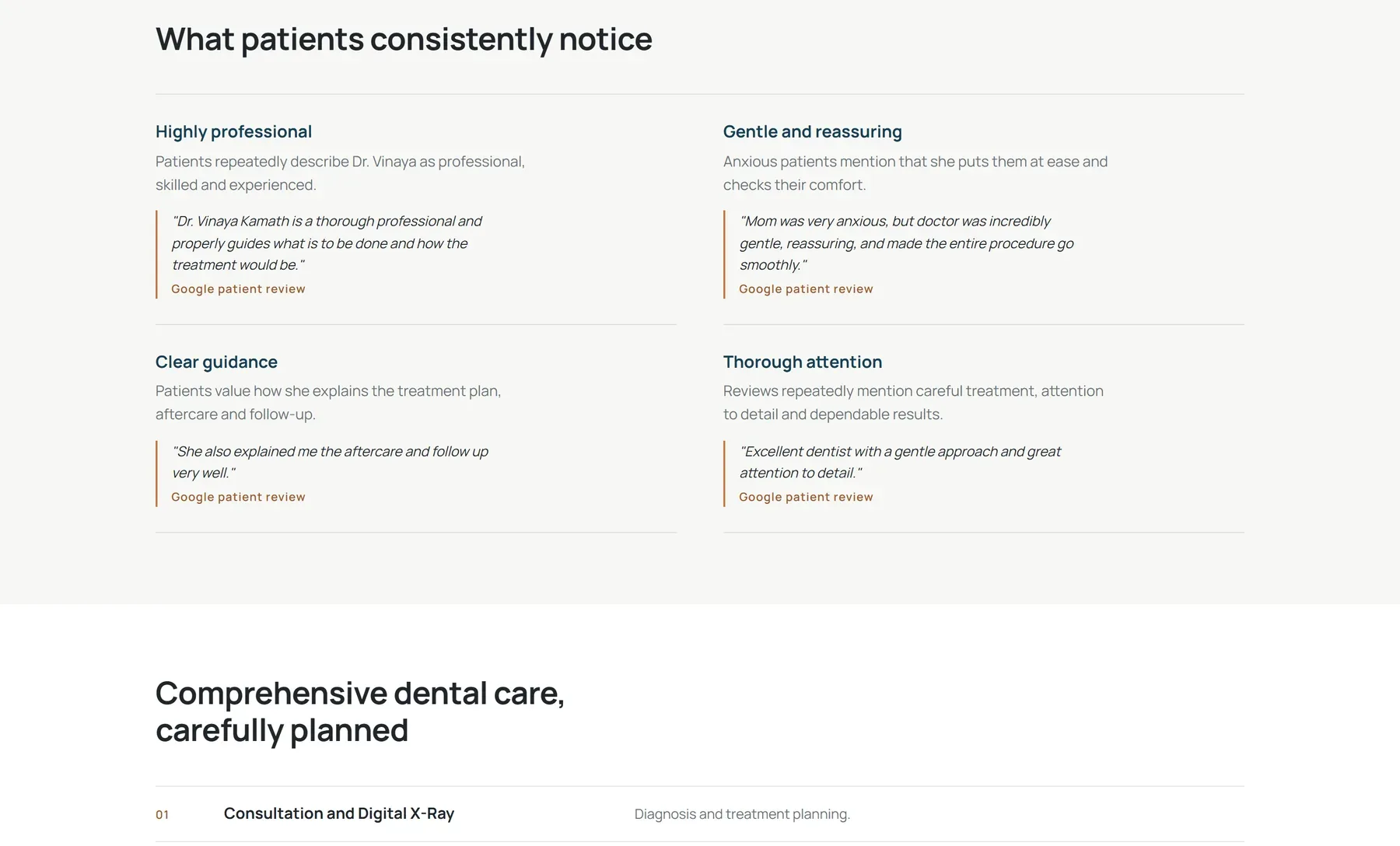 Dental Solutions patient review section with the heading What patients consistently notice
