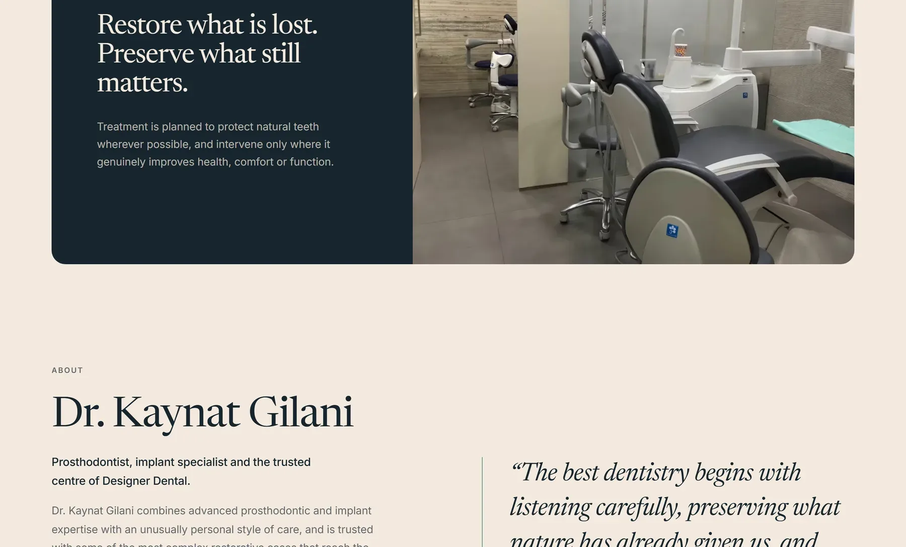 Designer Dental section with the heading Restore what is lost. Preserve what still matters.
