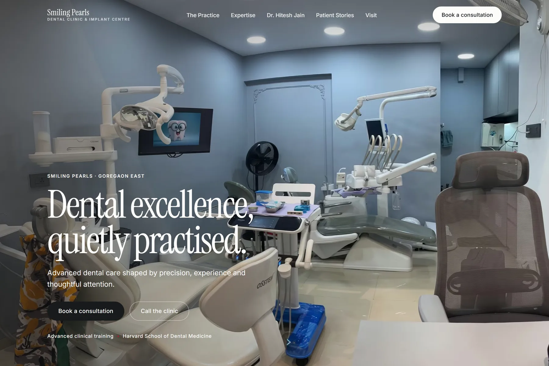 Smiling Pearls homepage with the headline Dental excellence, quietly practised