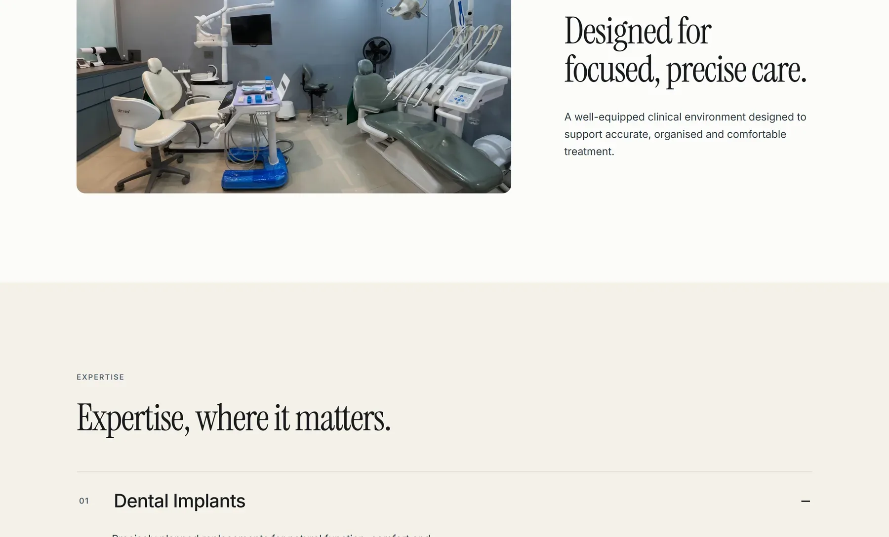 Smiling Pearls clinical environment section with the heading Designed for focused, precise care