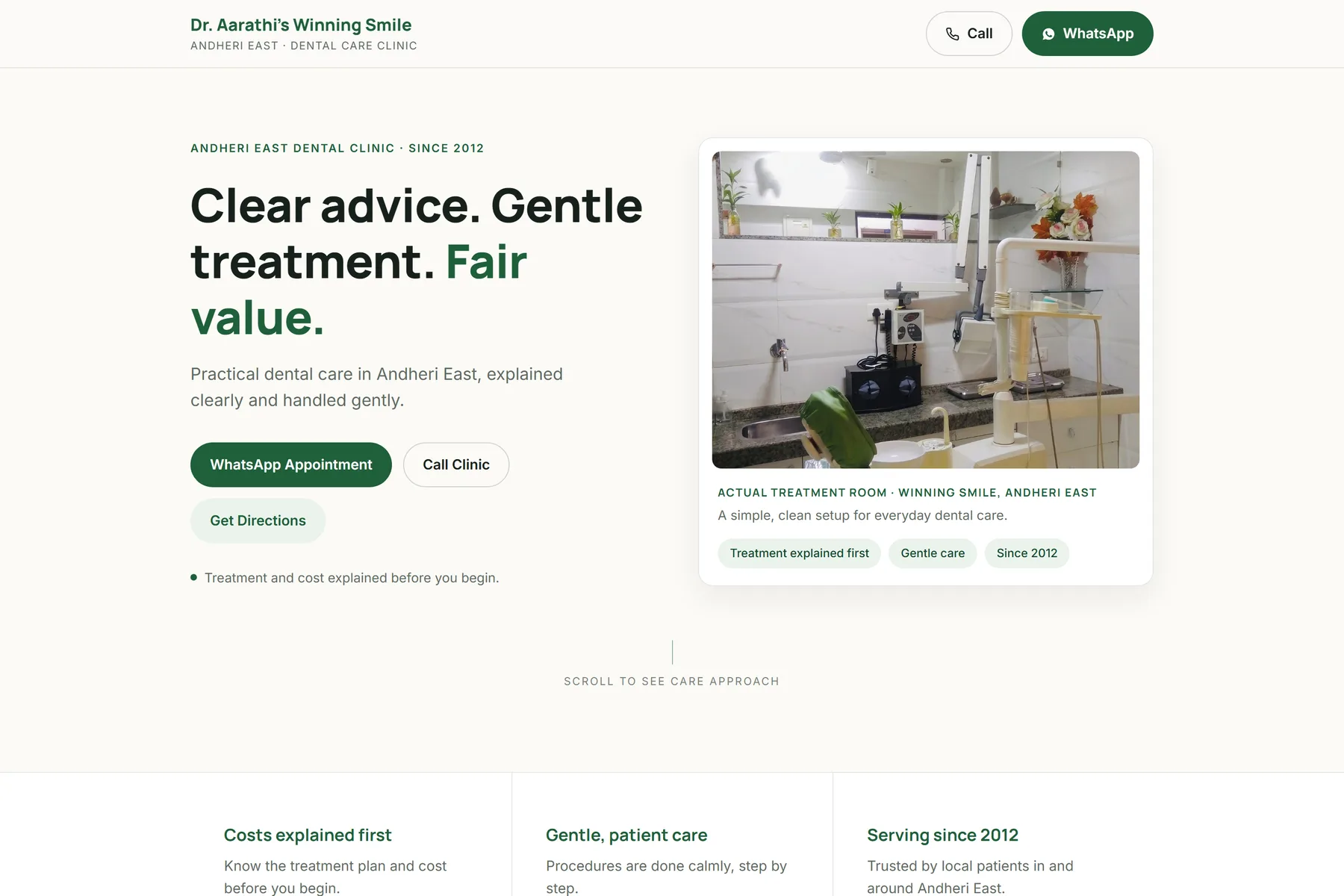 Winning Smile homepage with the headline Clear advice. Gentle treatment. Fair value.