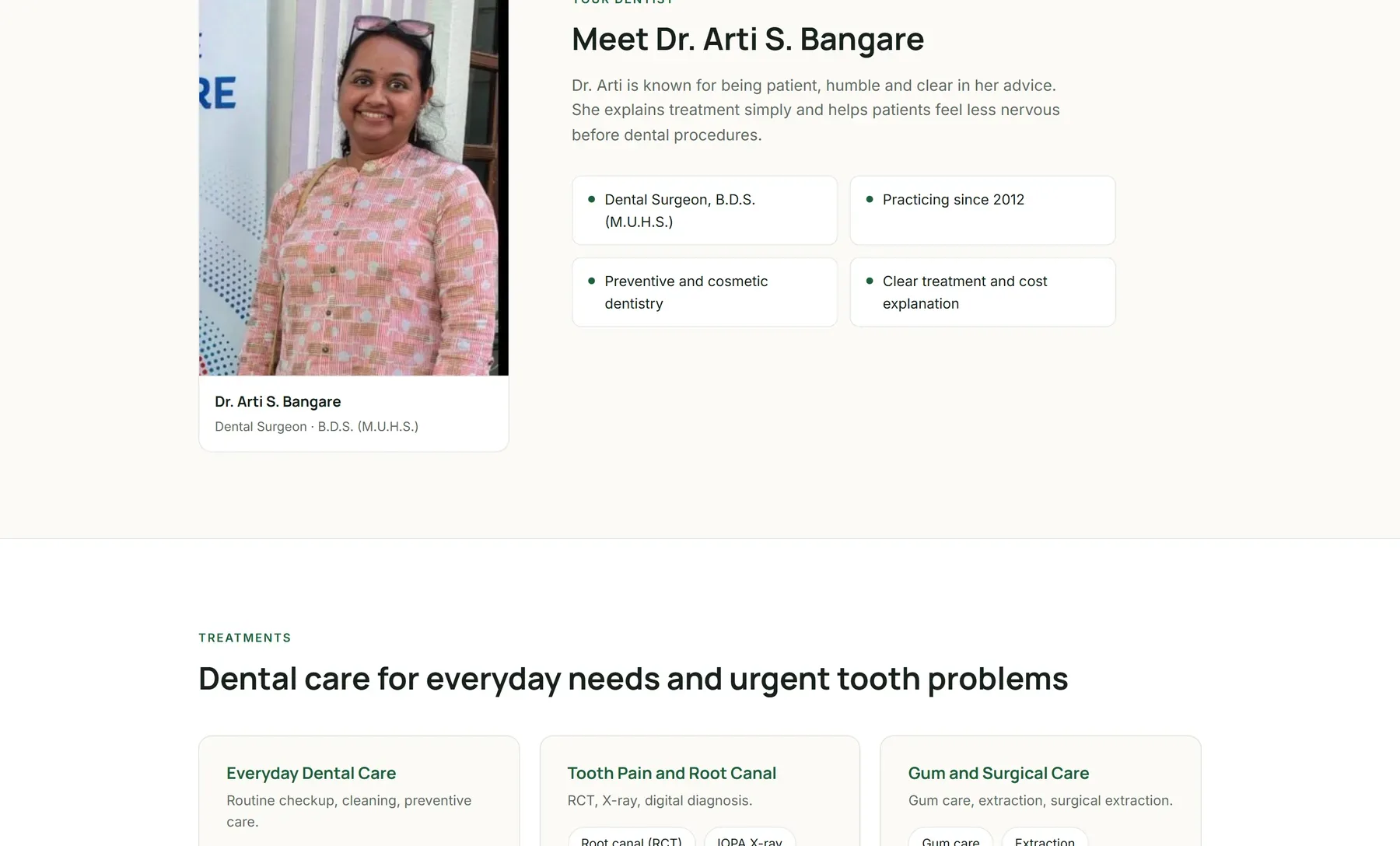 Winning Smile section introducing Dr. Arti S. Bangare and her patient-first approach